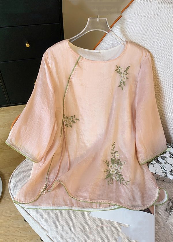 New Pink O Neck Embroidered Cotton Blouses Bracelet Sleeve - Image 2