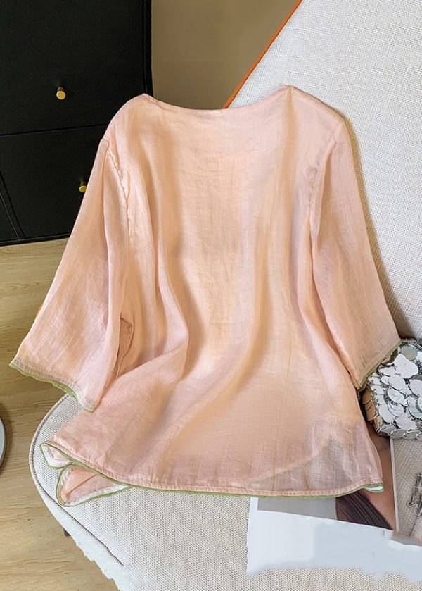 New Pink O Neck Embroidered Cotton Blouses Bracelet Sleeve - Image 3