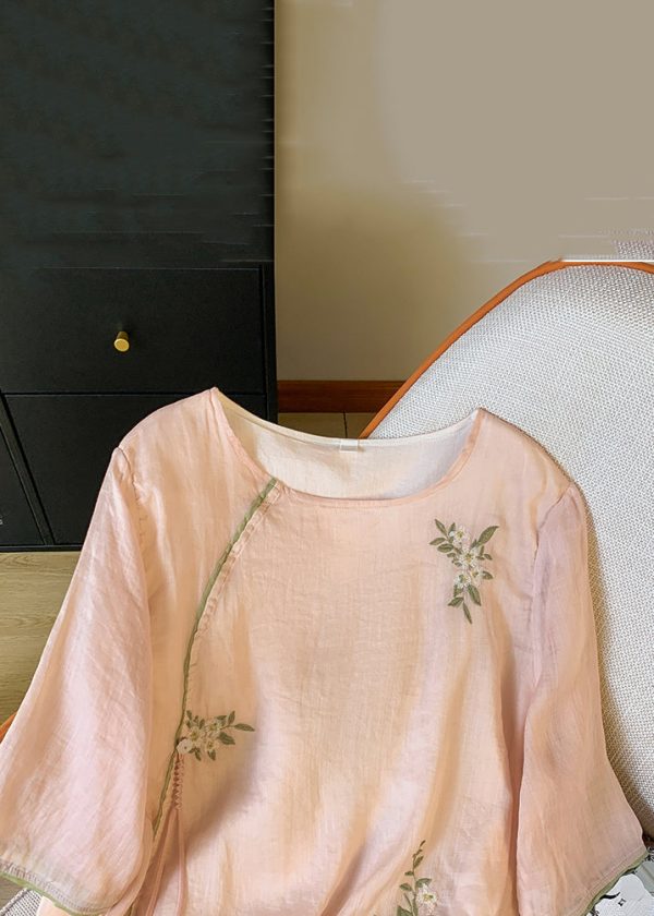 New Pink O Neck Embroidered Cotton Blouses Bracelet Sleeve - Image 4
