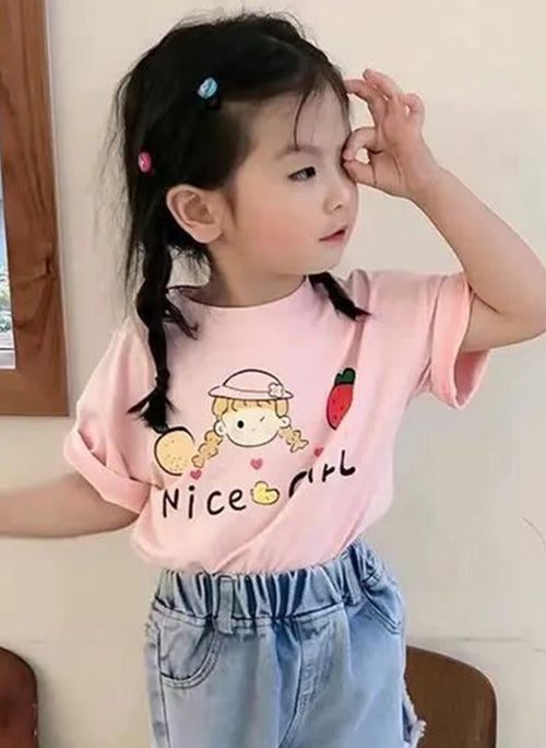 New Pink O Neck Print Cozy Cotton Girls T Shirts Summer