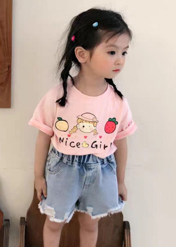 New Pink O Neck Print Cozy Cotton Girls T Shirts Summer - Image 3