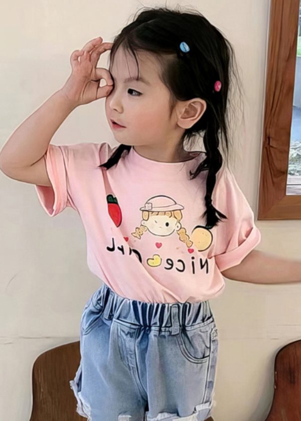 New Pink O Neck Print Cozy Cotton Girls T Shirts Summer - Image 5
