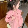 New Pink Peter Pan Collar Lace Patchwork Cotton Girls Blouses Spring