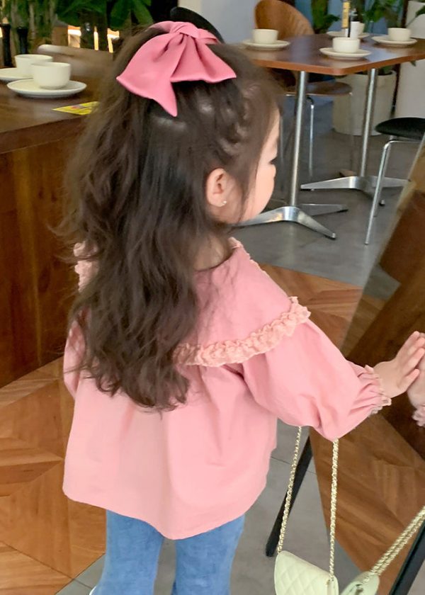 New Pink Peter Pan Collar Lace Patchwork Cotton Girls Blouses Spring - Image 5