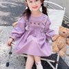 New Purple O-Neck Ruffled Cotton Girls Dress Flare Sleeve