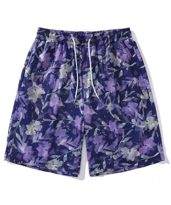 New Purple Print Lace Up Elastic Waist Cotton Men Beach Shorts Summer