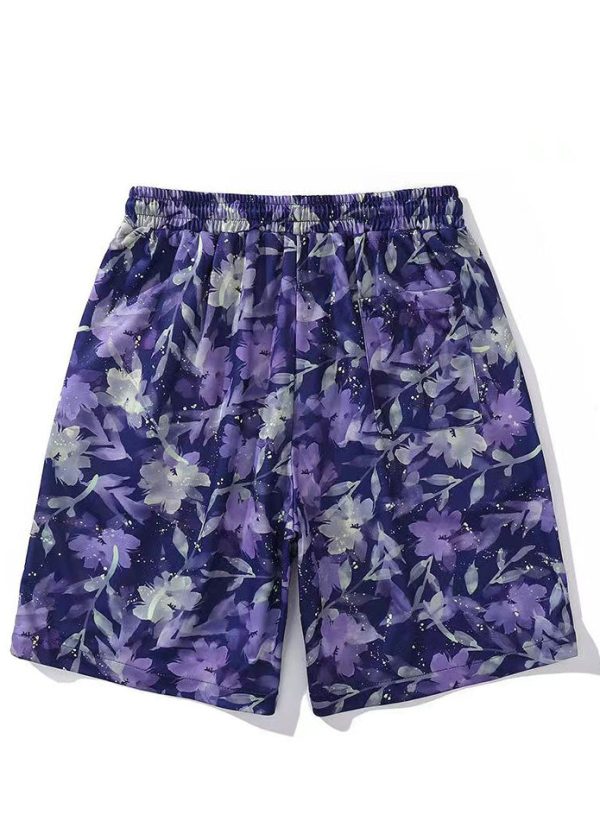 New Purple Print Lace Up Elastic Waist Cotton Men Beach Shorts Summer - Image 2