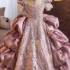 New Purple Sequins Patchwork Silk Girls Long Dress Short Sleeve