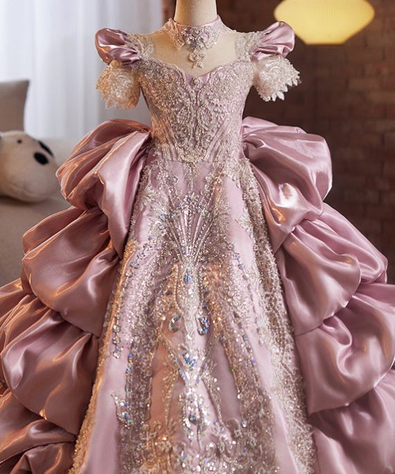 New Purple Sequins Patchwork Silk Girls Long Dress Short Sleeve