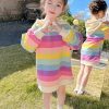 New Rainbow Hooded Lace Up Cotton Girls Sweatshirt Dress Fall