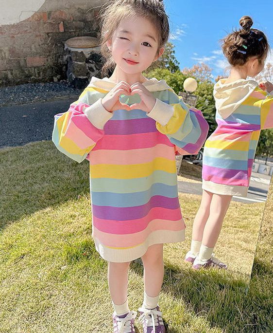 New Rainbow Hooded Lace Up Cotton Girls Sweatshirt Dress Fall