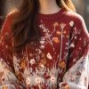 New Red O Neck Print Cozy Woolen Knit Sweaters Spring