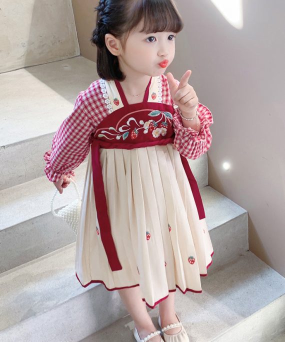 New Red Plaid Wrinkled Cotton Girls Dress Long Sleeve