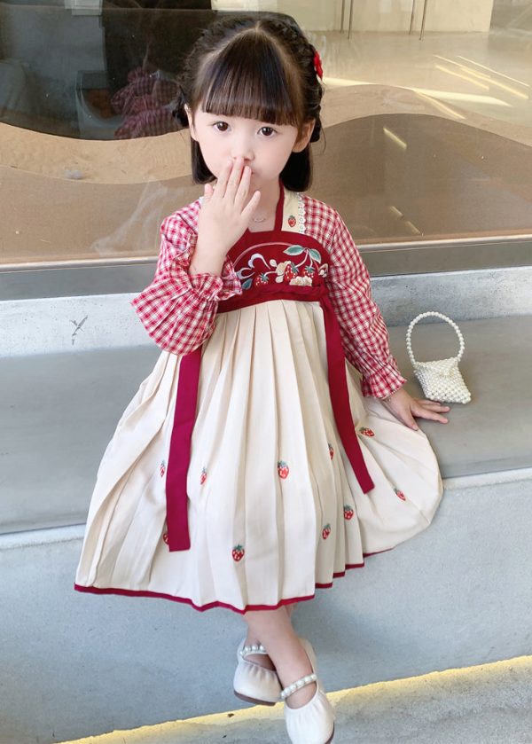New Red Plaid Wrinkled Cotton Girls Dress Long Sleeve - Image 3