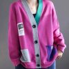 New Rose V Neck Button Patchwork Cotton Cardigan Spring