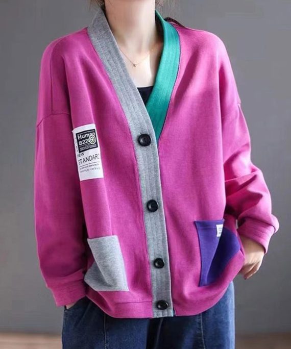 New Rose V Neck Button Patchwork Cotton Cardigan Spring