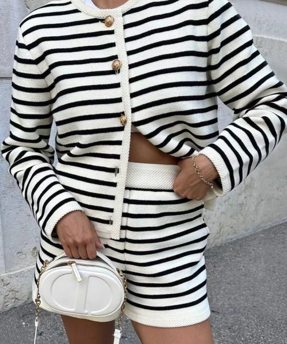 New Striped Button Coat And Shorts Knitting Cotton Two Piece Set Spring