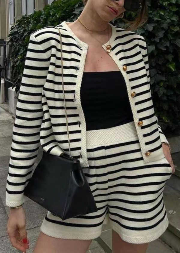 New Striped Button Coat And Shorts Knitting Cotton Two Piece Set Spring - Image 3