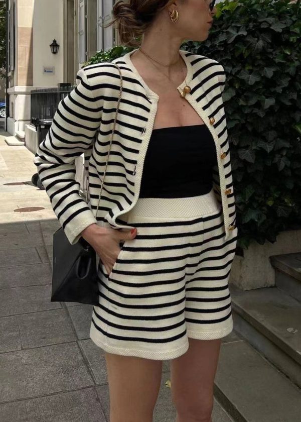 New Striped Button Coat And Shorts Knitting Cotton Two Piece Set Spring - Image 5