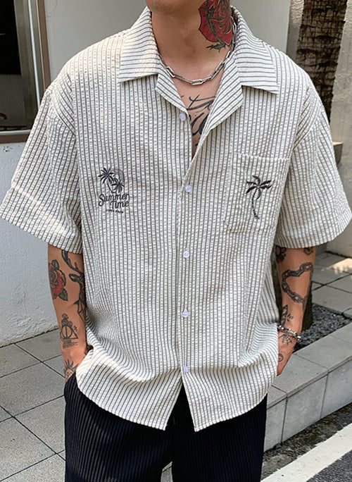 New Striped Print Pockets Cotton Men Shirt Summer