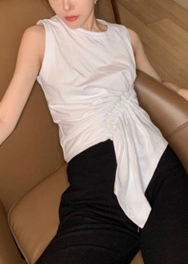 New White Asymmetrical Cinched Cotton Tank Sleeveless - Image 4
