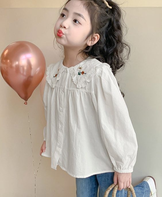 New White Button Solid Cotton Kids Girls Shirts Spring