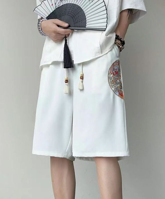 New White Embroideried Pockets Ice Silk Summer Mens Shorts