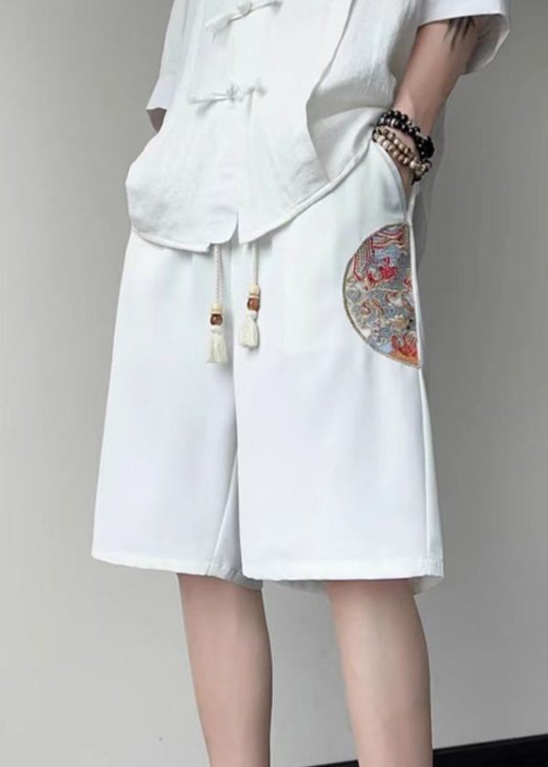 New White Embroideried Pockets Ice Silk Summer Mens Shorts - Image 4
