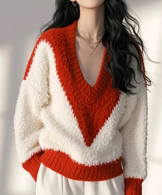 New White Fluffy Cozy Patchwork Knit Tops Spring