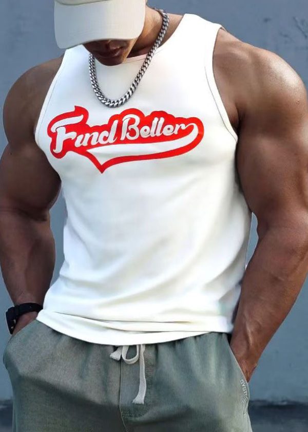 New White Letter Print Cotton Mens Tank Summer