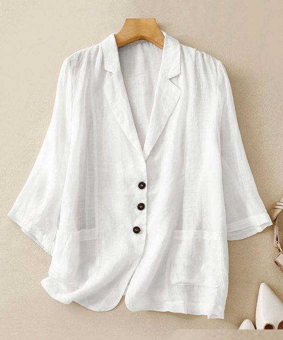 New White Notched Pockets Thin Linen Coats Half Sleeve