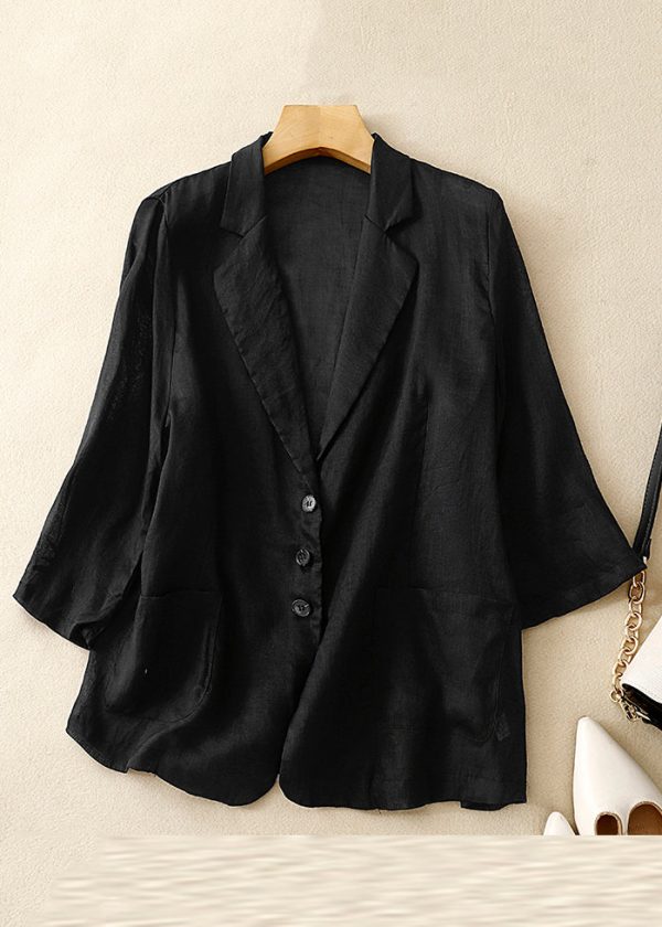 New White Notched Pockets Thin Linen Coats Half Sleeve - Image 2