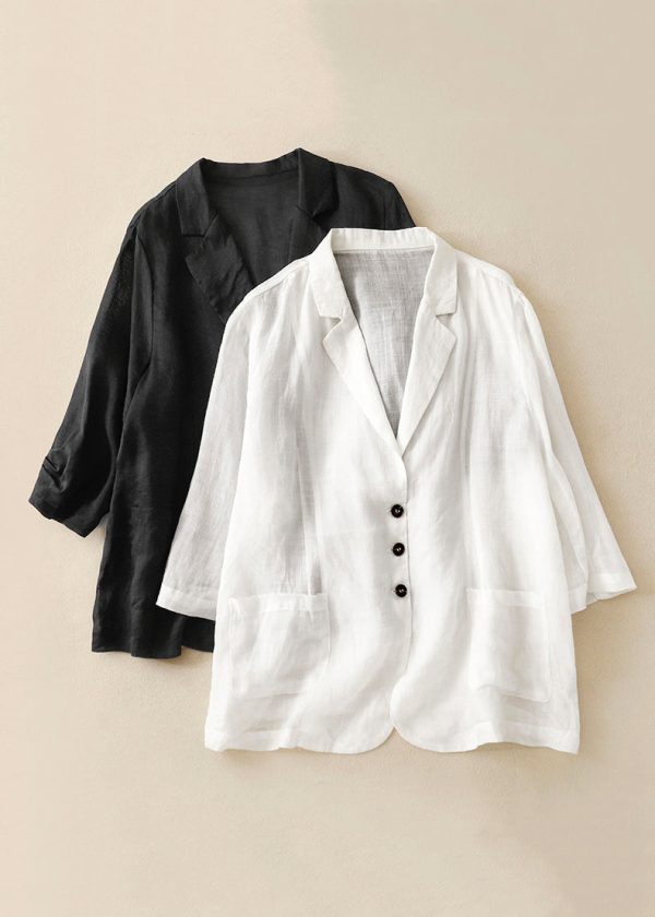 New White Notched Pockets Thin Linen Coats Half Sleeve - Image 3