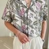 New White Print Button Ice Silk Mens Shirts Summer