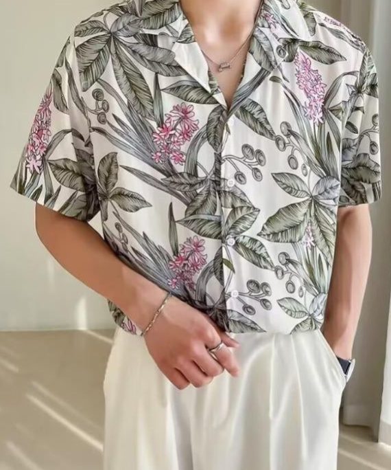 New White Print Button Ice Silk Mens Shirts Summer