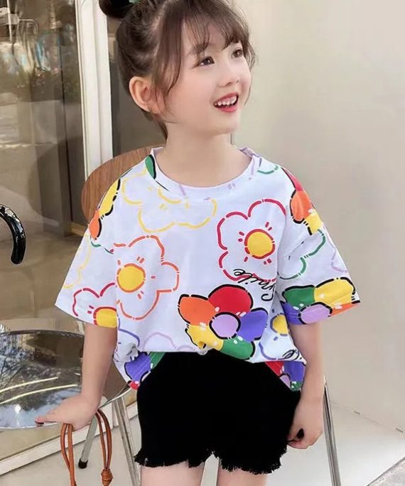 New White Print Cozy Cotton Kids T Shirt Short Sleeve