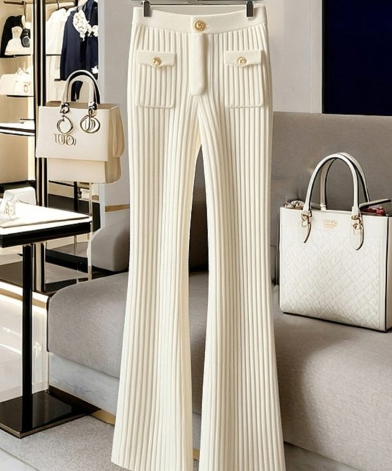 New White Solid High Waist Knit Pants Spring