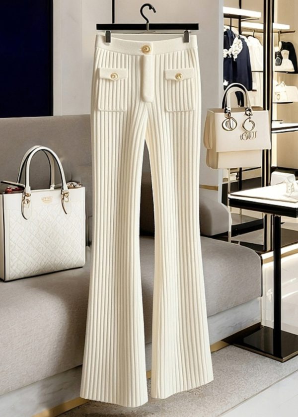 New White Solid High Waist Knit Pants Spring - Image 2