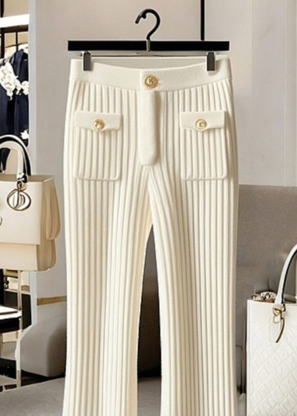 New White Solid High Waist Knit Pants Spring - Image 3