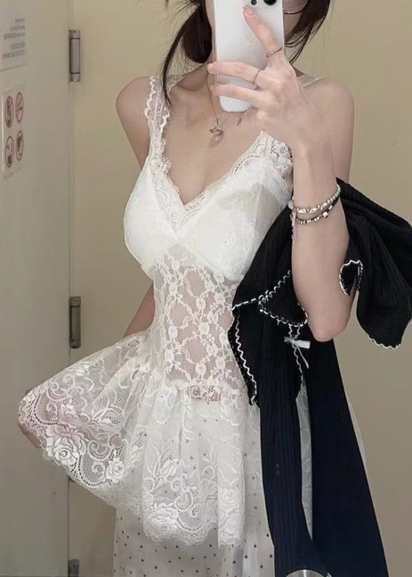 New White V Neck Lace Tank And Knit Cardigans Two Pieces Set Sleeveless
