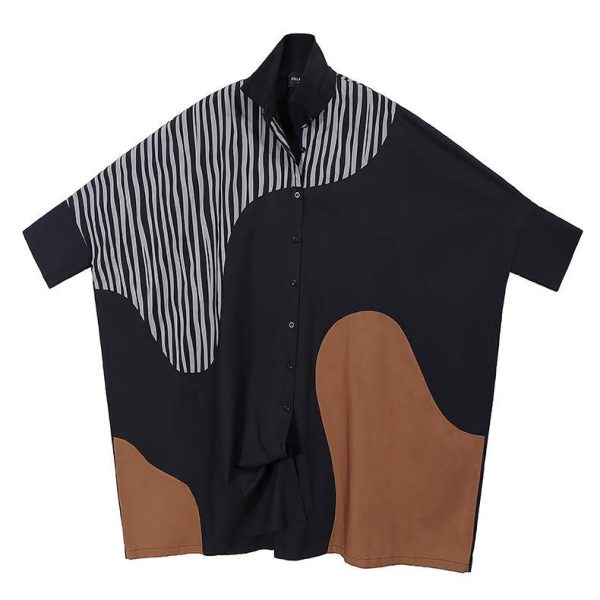 New Woman Long Batwing Sleeves Plus Size Patchwork Shirt Dress - Image 2
