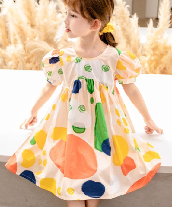 New Yellow O Neck Print Patchwork Cotton Baby Girls Dresses Summer