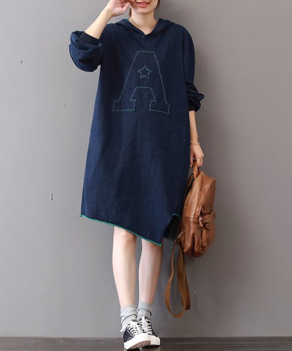 New blue cotton knee dress Loose fitting traveling clothing asymmetric hem 2018hooded cotton dresses