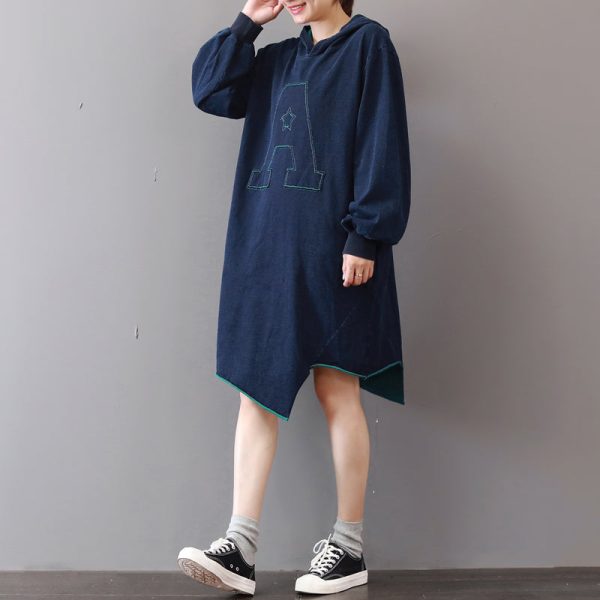 New blue cotton knee dress Loose fitting traveling clothing asymmetric hem 2018hooded cotton dresses - Image 2