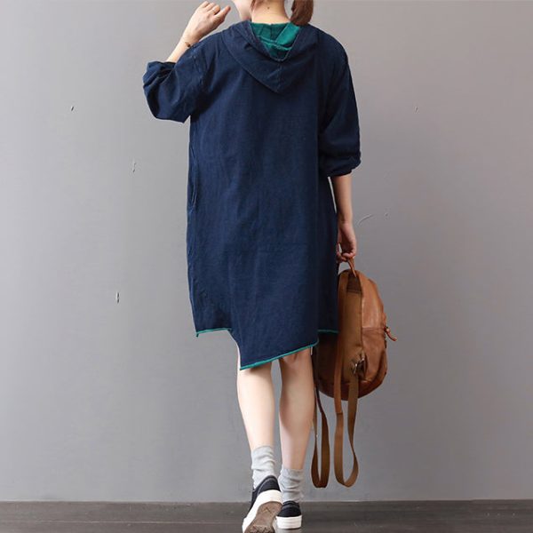 New blue cotton knee dress Loose fitting traveling clothing asymmetric hem 2018hooded cotton dresses - Image 4