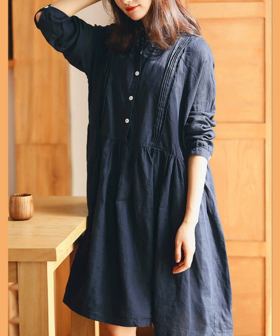 New dark blue linen knee dress plus size traveling dress vintage long sleeve baggy dresses Stand Cinched linen dresses