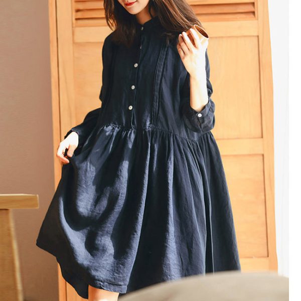 New dark blue linen knee dress plus size traveling dress vintage long sleeve baggy dresses Stand Cinched linen dresses - Image 2