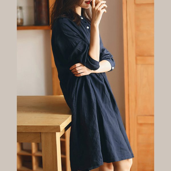 New dark blue linen knee dress plus size traveling dress vintage long sleeve baggy dresses Stand Cinched linen dresses - Image 3