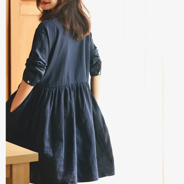 New dark blue linen knee dress plus size traveling dress vintage long sleeve baggy dresses Stand Cinched linen dresses - Image 4