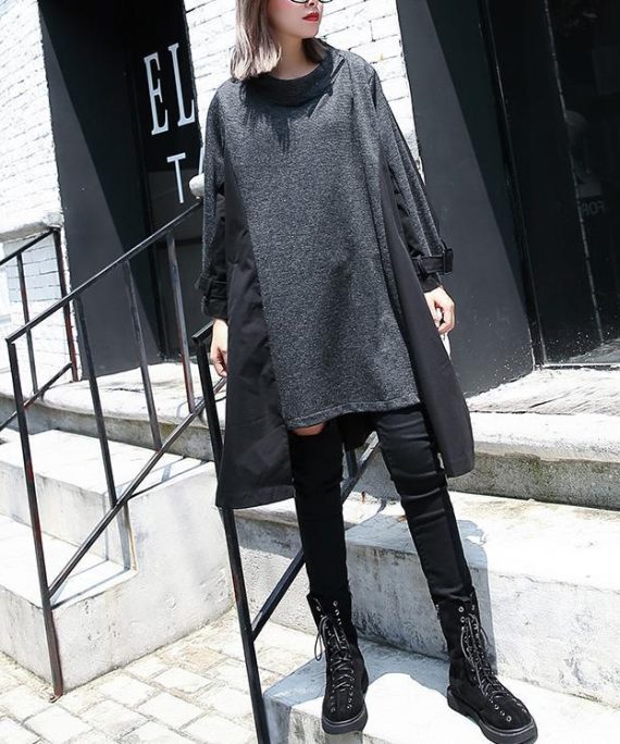 New gray 2018 fall dress Loose fitting traveling clothing asymmetric Elegant O neck patchwork dresses